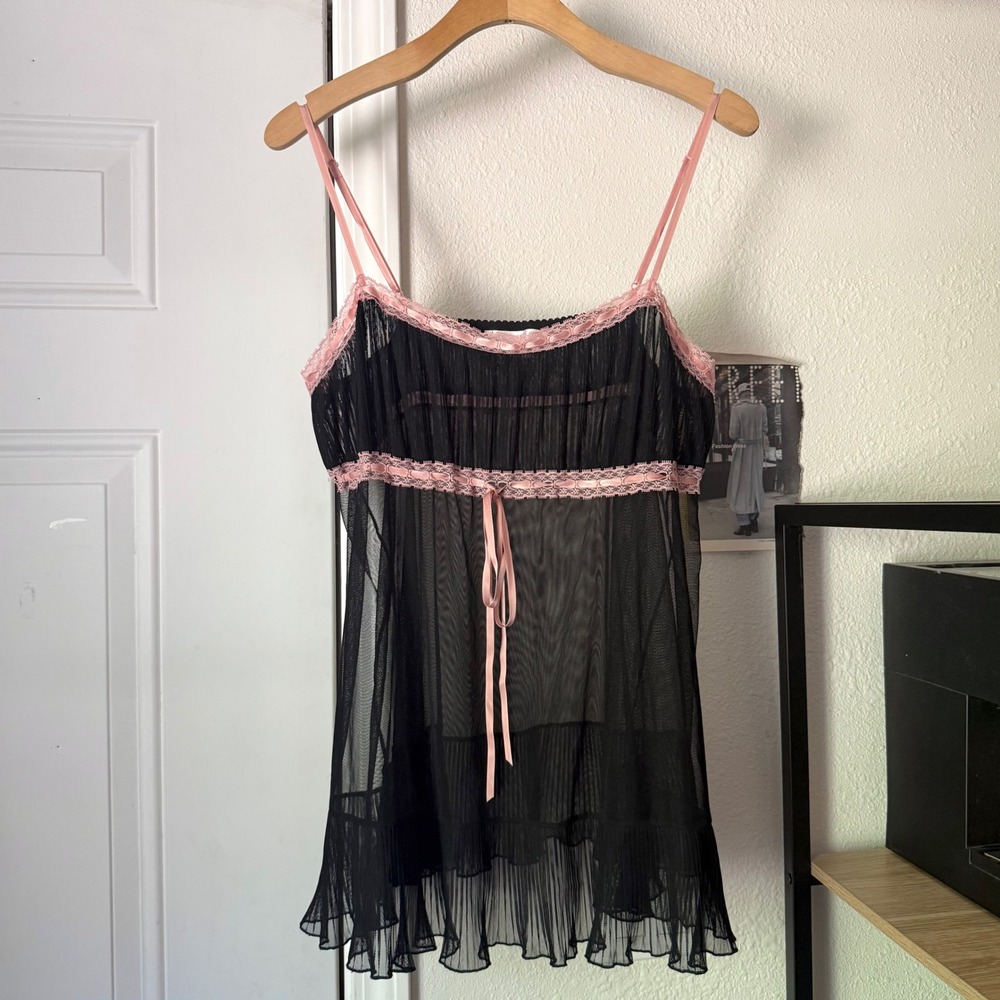 VICTORIA'S SECRET y2k black pink sheer pleated lace trim cami slip tank top